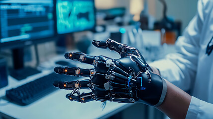 Wall Mural - a bioengineer developing advanced prosthetics with neural interfaces, high-tech lab with real-time b