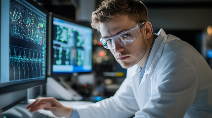 Wall Mural - a bioengineer developing bioelectronic devices for neurostimulation, high-tech lab with real-time ne