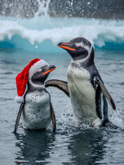 Wall Mural - penguin family in matching santa outfits, with soft water splashes.