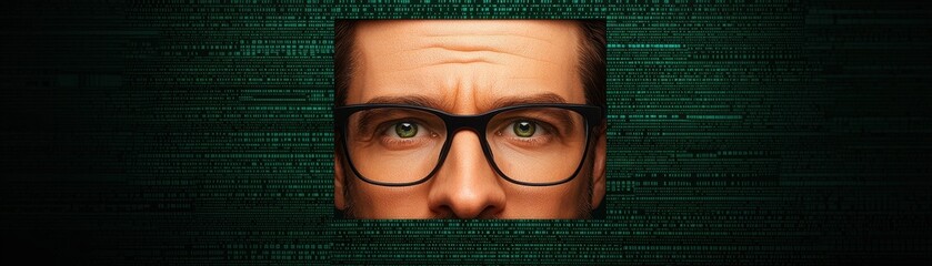 stress data work complex man concept. Man with glasses surrounded by digital code and binary data.