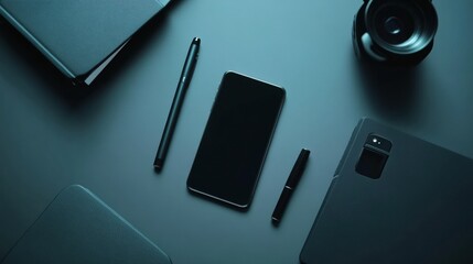 Poster - Minimalist desk setup featuring notebook, smartphone, and pen with soft lighting for a serene workspace atmosphere