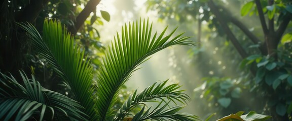 Aufkleber - Lush Tropical Jungle Scene with Sunlight Filtering Through Green Palm Leaves