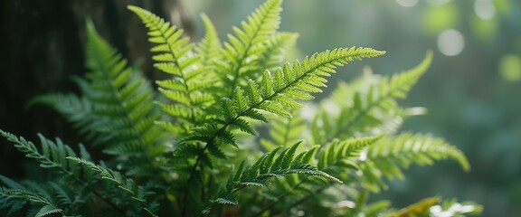 Aufkleber - Close-up of Vibrant Green Ferns in a Sun-Dappled Forest