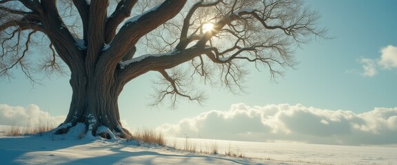 Aufkleber - Winter landscape with a large leafless tree in a snowy field against a bright, cloudy sky