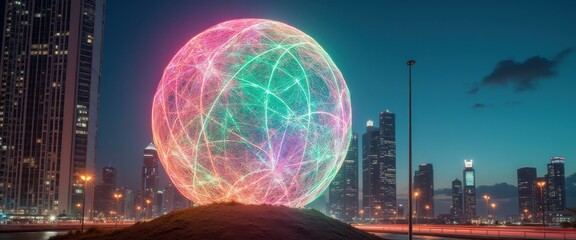Poster - Luminous Sphere Sculpture Radiates Against Cityscape at Dusk, Illuminated Lines Intersect in a Futuristic Architectural Display