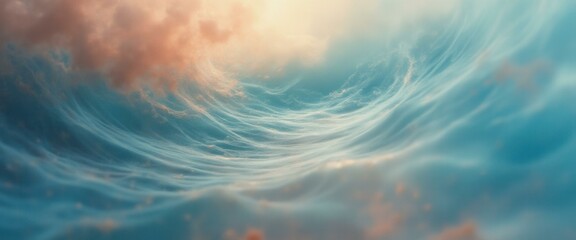 Fototapete - An abstract and dreamlike vision of blue waves and orange clouds creating a surreal, ethereal underwater landscape.