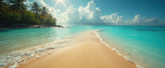 Leinwandbilder - Pristine tropical beach with turquoise water, golden sand, palm trees, and radiant sunlight creating a serene paradise