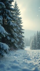 Fototapete - snowy pines under a soft winter sky: a serene forest landscape with delicate bokeh and snowfall