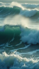 Poster - Powerful ocean wave crests and crashes under sunlight creating sea spray