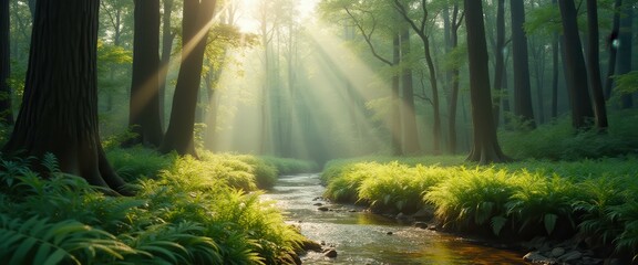 Poster - Tranquil Forest Stream Bathed in Golden Sunlight, Flowing Through Lush Greenery and Towering Trees