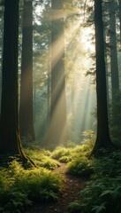 Aufkleber - Sunlit forest path through towering trees, creating a serene and tranquil ambiance