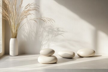 Aufkleber - Minimalist arrangement of smooth river stones on a white surface with soft lighting and neutral aesthetic for a calming atmosphere