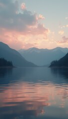 Poster - Serene Lake Scene with Mountain Backdrop at Sunset - Tranquil Waters Reflecting Pink Clouds