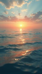 Poster - Tranquil Ocean at Sunset with Sun Rays Shining Through Clouds - Calm Waters and Golden Light