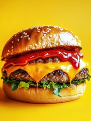 Aufkleber - Massive cheeseburger topped with cheddar and lettuce on bright yellow background with dripping ketchup and mustard under dramatic lighting