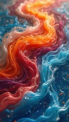 Poster - Abstract flow of colorful filaments resembling a vibrant explosion of dyed liquid, adorned with glistening bubbles, creates an ele