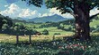 © Mykmicky - Paysage pixel art ensoleillé, prairie fleurie, arbre imposant au premier plan, montagnes douces au loin, ciel bleu nuageux, design rétro pour jeu vidéo ou illustration bucolique