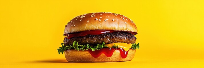 Aufkleber - Massive cheeseburger dripping with ketchup and mustard on vibrant yellow background with dramatic lighting and high saturation