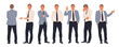 © Creative_Juice_Art - Businessman character in different poses. Handsome business man in formal suit standing front, back, rear, side view, pointing, thinking. Vector realistic illustrations isolated on white background