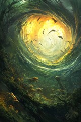 Wall Mural - abstract swirling vortex with yellow center and green surrounding colors.