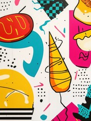 Fototapete - Colorful Memphis-style pop-art background with abstract food shapes and geometric elements bringing vibrant energy to any space