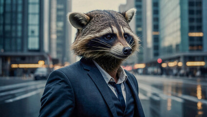 Wall Mural - Person in a raccoon mask in a sleek urban setting.