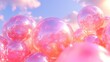 © zalfa_std98 - Pink glossy spheres against a soft sky.  A cluster of  reflective orbs in a pastel pink hue,  mirroring the clouds