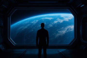 Wall Mural - Person stands alone looking out at Earth from a futuristic space habitat with a blue atmosphere, contemplating the vastness of the universe