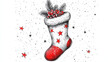 © Ahsan - Hand-drawn illustration of a Christmas stocking with red stars, filled with pine branches and berries against a snowy, starry background.