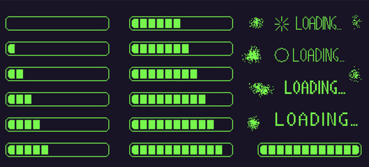 Wall Mural - pixel art retro loading bar interface. 8 bit progress button elements set and text. green stroke con