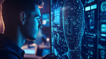 Wall Mural - a machine learning engineer developing facial recognition systems for security applications, high-te