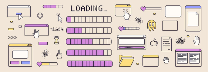 Wall Mural - pixel art loading bar. windows interface vintage. 8 bit browser and menu elements with cursors and p