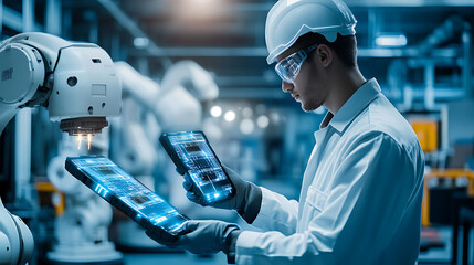Wall Mural - a mechanical engineer developing smart robotics for warehouse automation, high-tech lab with real-ti