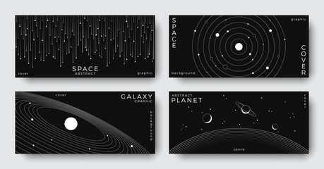 Wall Mural - set of abstract space astronomy horizontal backgrounds. line art planet, galaxy, solar system, meteo