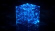© Zologhraphy - ing blue transparent cube filled with scattered bright points of light, creating a futuristic digital space with an abstract starry sky effect