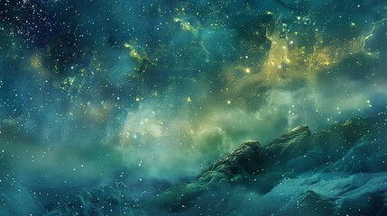 Wall Mural - the image is a beautiful landscape of a mountain range under a starry night sky. the mountains are c