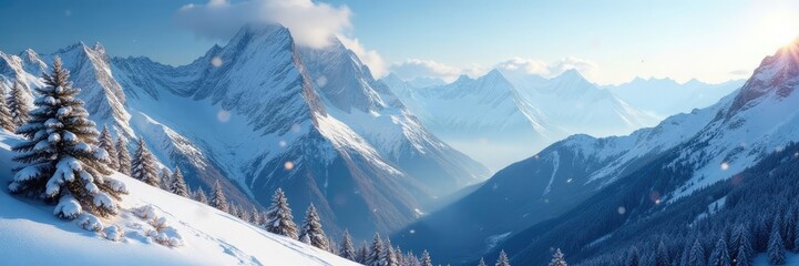 Wall Mural - Softly glowing snowflakes fall gently on Benasque alpine landscape, mountain range, snowy peaks, winter