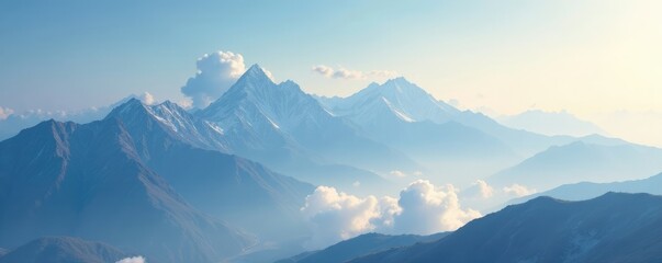 Wall Mural - White clouds scattered across a mountain range, landscape, hazy, clouds