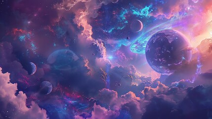 Wall Mural - this is a beautiful space-themed image. there are several planets and moons floating in a sea of sta