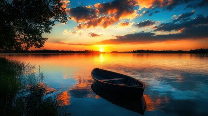 Wall Mural - A sunset silhouette of a boat anchored in a peaceful bay.