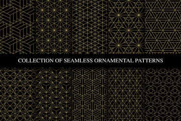 Poster - Collection of golden seamless ornamental luxury geometric patterns - outline design. Repeatable elegant royal backgrounds. Symmetry endless prints