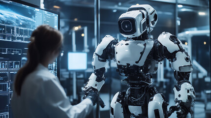 Wall Mural - a robotics engineer developing robots for space exploration, high-tech lab with real-time testing an