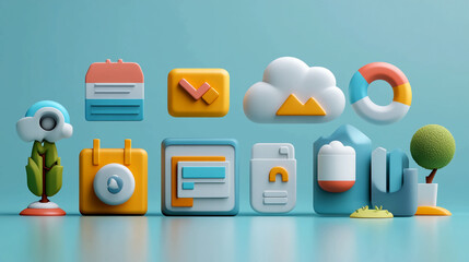 Colorful 3D icons representing various business applications.