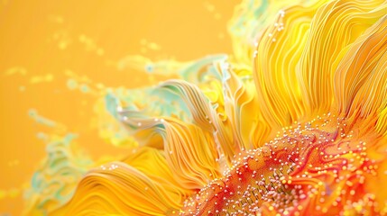 Wall Mural - 3d rendering of a yellow flower with orange pistil and green leaves. the petals are made of flowing 