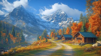 Poster - Scenic autumn mountain village with wooden cabins, dirt road, and vibrant fall foliage.