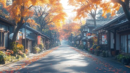 Poster - Scenic autumnal street lined with traditional houses and vibrant maple trees.
