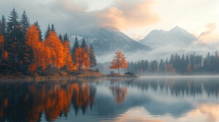 Poster - Serene autumnal lake reflecting colorful trees and snow-capped mountains at sunrise.