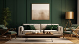 Plan sur un salon moderne, art décoratif avec tableaux. Vert et beige. Élégant, luxe. Décorations, lumières douces. Pour conception et création graphique.