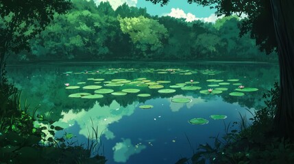 Poster - Serene forest lake with lily pads reflecting sky, lush green trees.