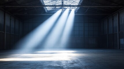 Aufkleber - Sunlight beams through skylights in a dark, empty warehouse.